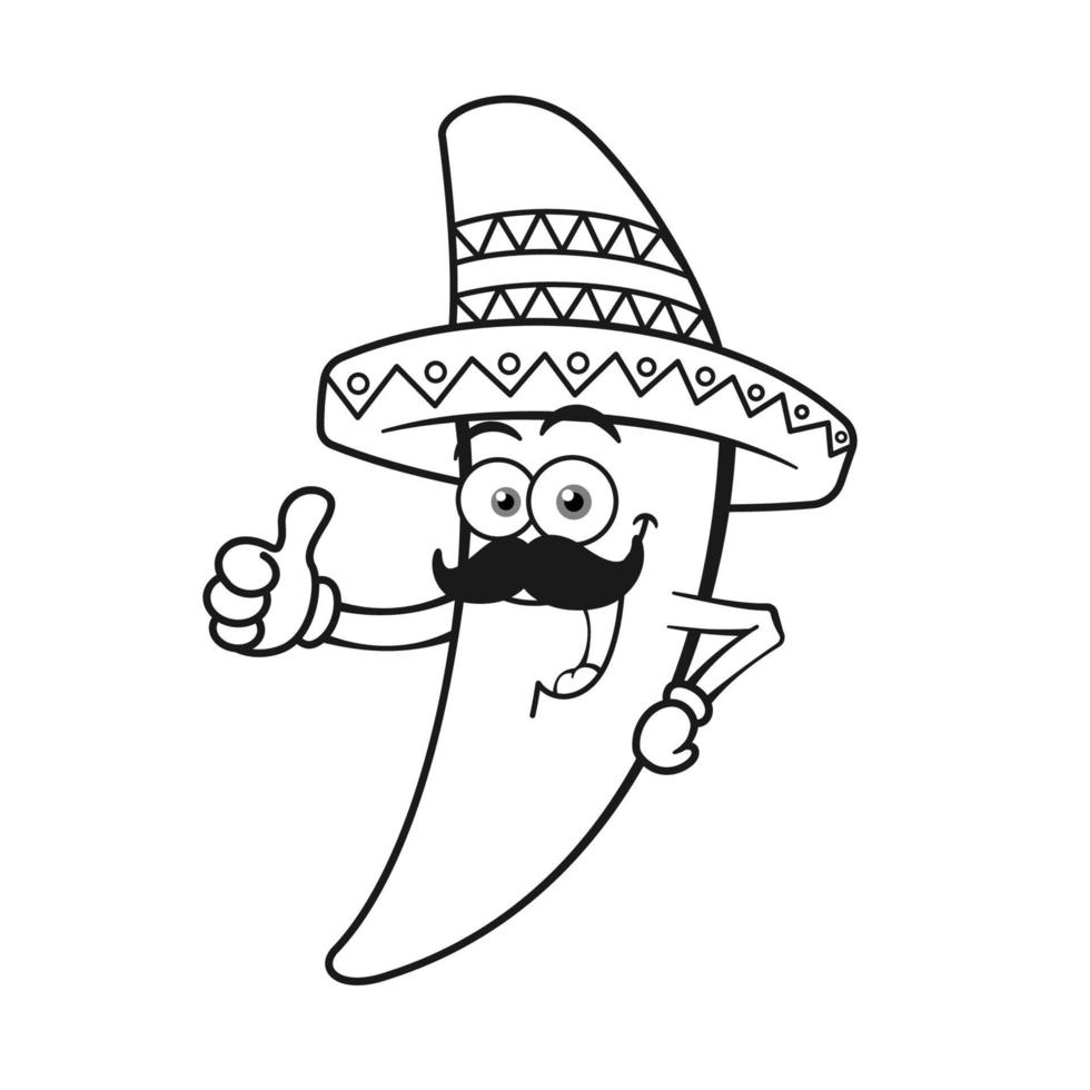 Cartoon Chilli Pepper Wearing Sombrero Hat Outline vector