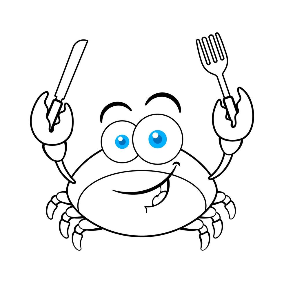 Funny Red Crab Cartoon Character Holding Fork And Knife Outline vector