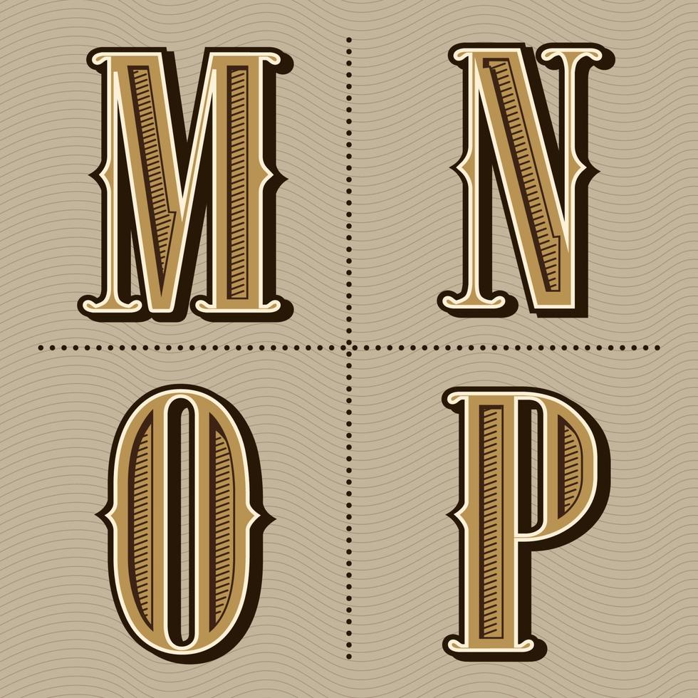 Western alphabet letters vintage design vector m, n, o, p