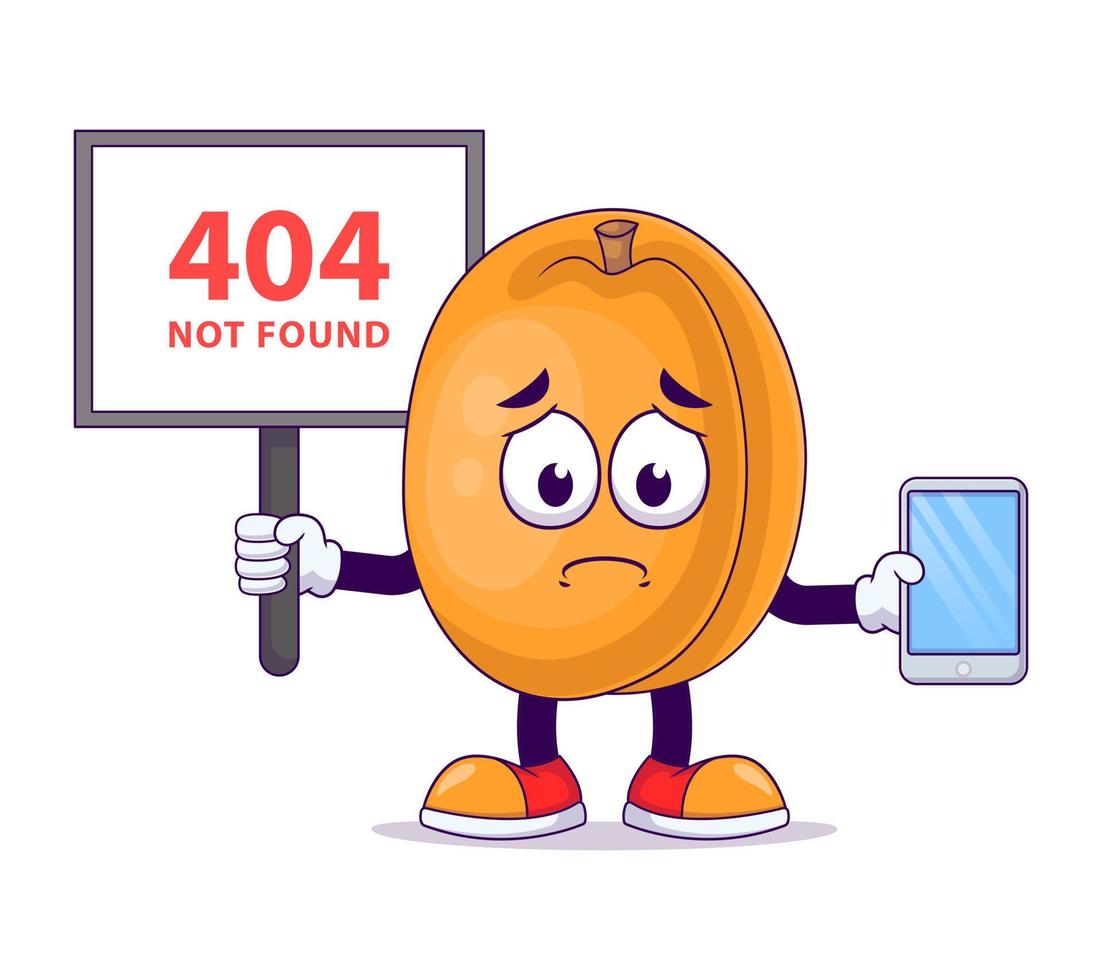 sosteniendo el letrero 404 no encontrado mascota de dibujos animados de melocotón vector