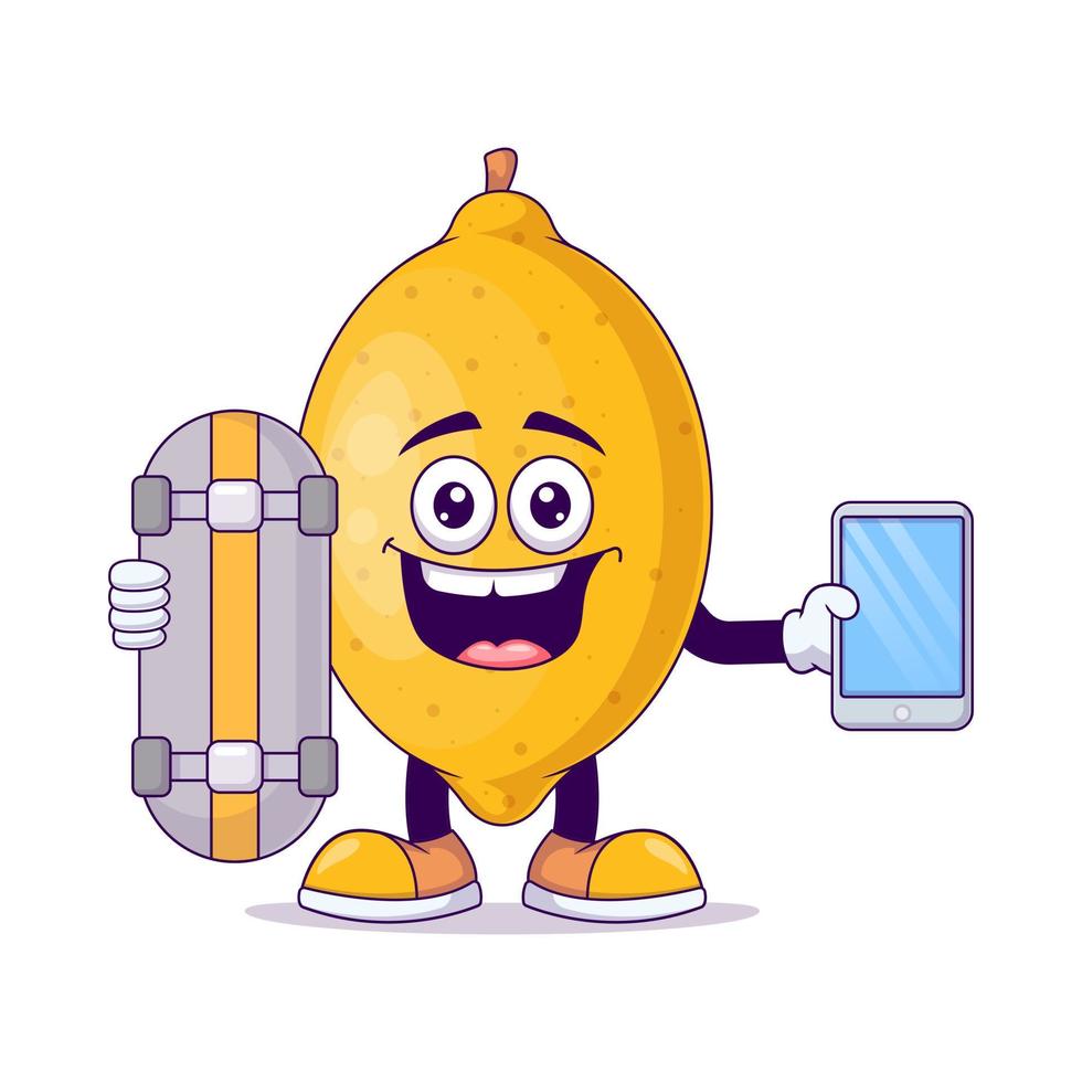 lemon playing skateboard cartoon mascot character vector