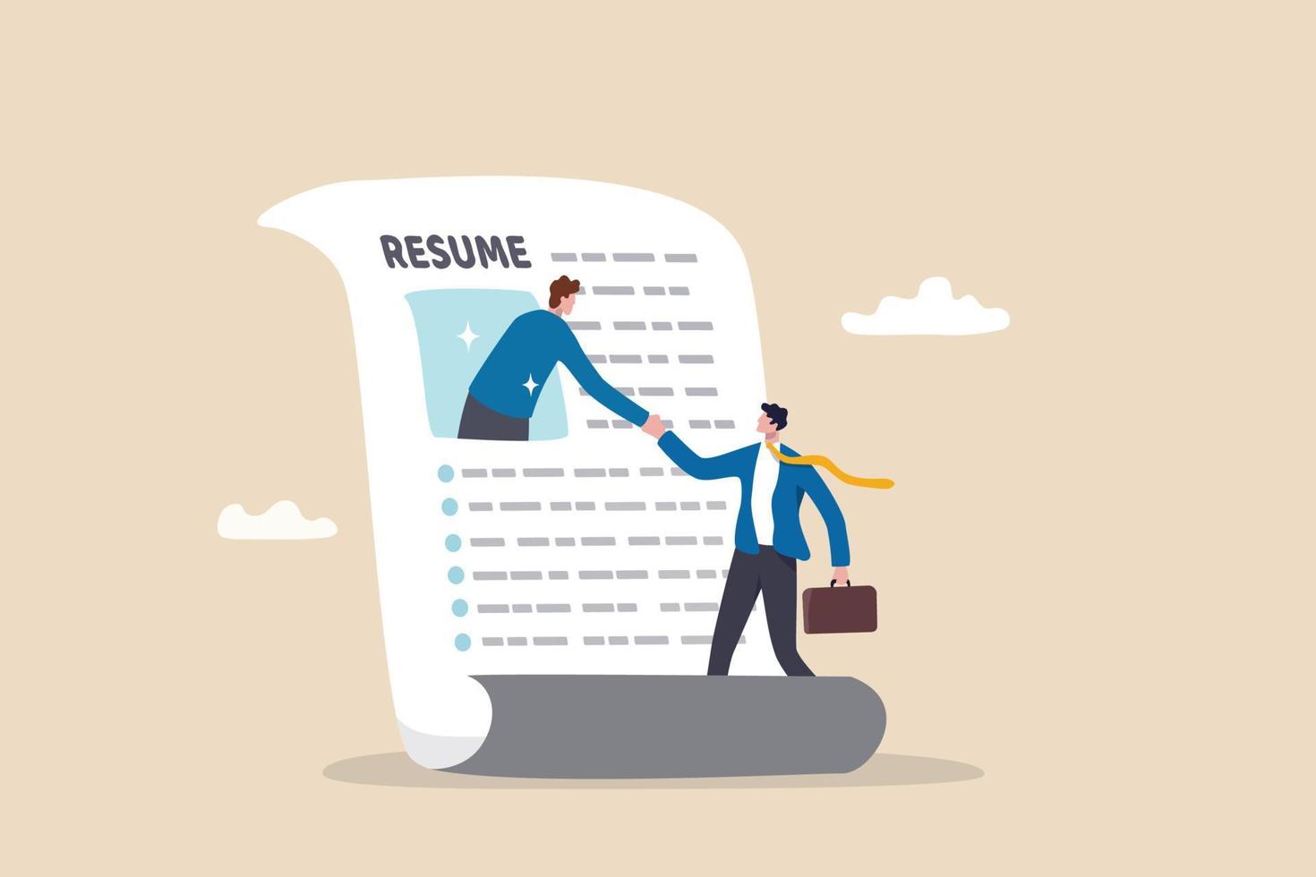 Success candidate get new job with best resume, human resources hiring or making contract with new joiner, apply for new job concept, businessman get out of resume picture handshake with employer. vector