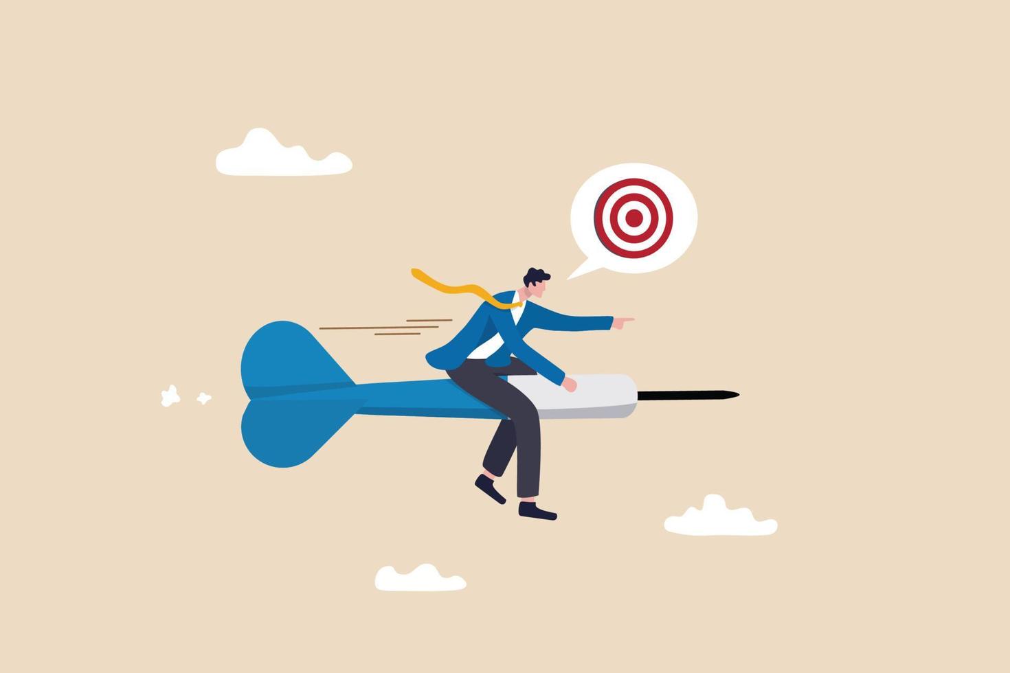 Aiming for target or goal, determination and strategy to reach target and achieve business success, aspiration and direction to win and victory, confidence businessman riding dart aiming for target. vector