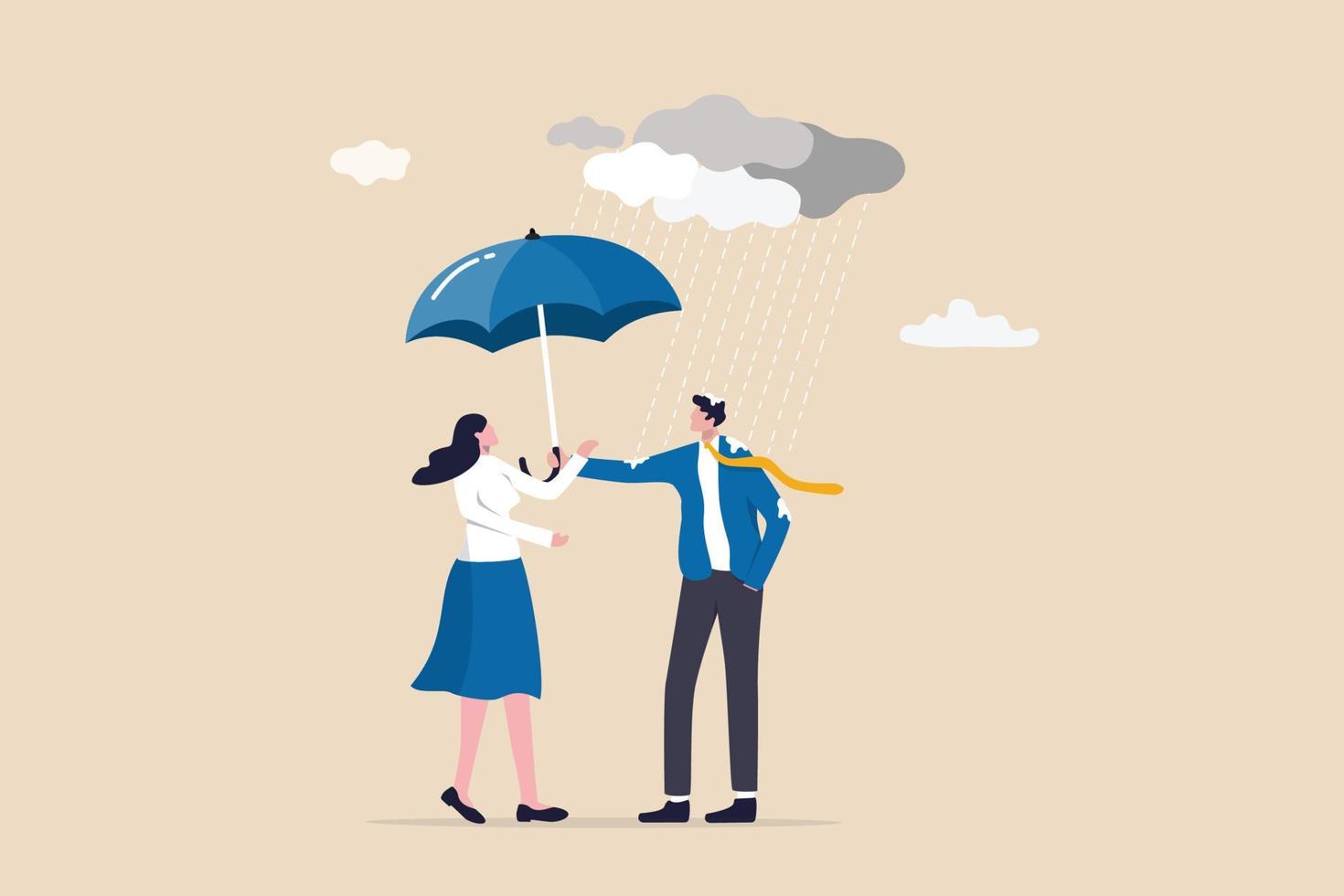 Altruism selfless principle for leadership to protect team and success together, gentleman or team support and caring, respect or empathy concept, kindness businessman offer umbrella to protect woman. vector