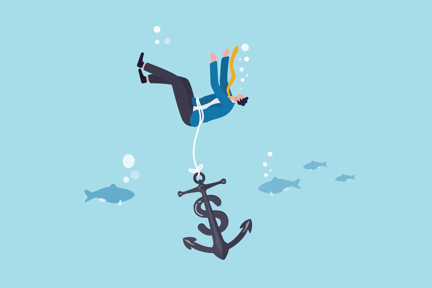 Sunk cost investment problem, cost that already been incurred and effect investing decision, psychology or money loss aversion concept, businessman investor drowning with sinking dollar money anchor. vector