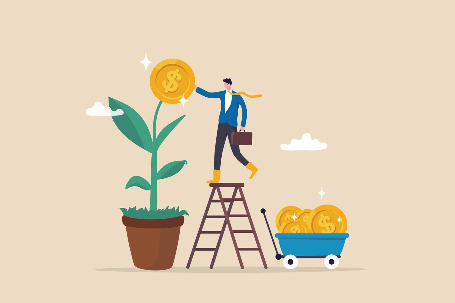 Harvest money from investment profit or earning, growing wealth or stock market prosperity, economic boom, savings or investing concept, businessman harvesting dollar coin from growing money tree. vector