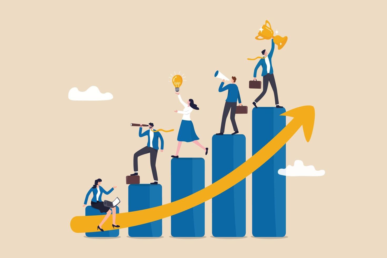 Business development plan for improvement, teamwork help growing revenue, growth and achievement, team strategy for business success concept, business people team working on improve bar graph. vector