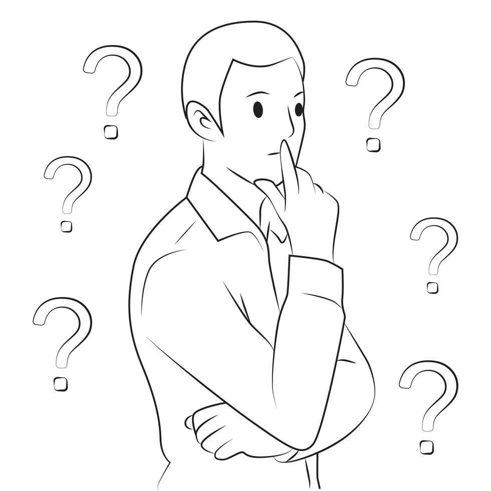 A man thinking question  Outline Vector Cartoon Illustration