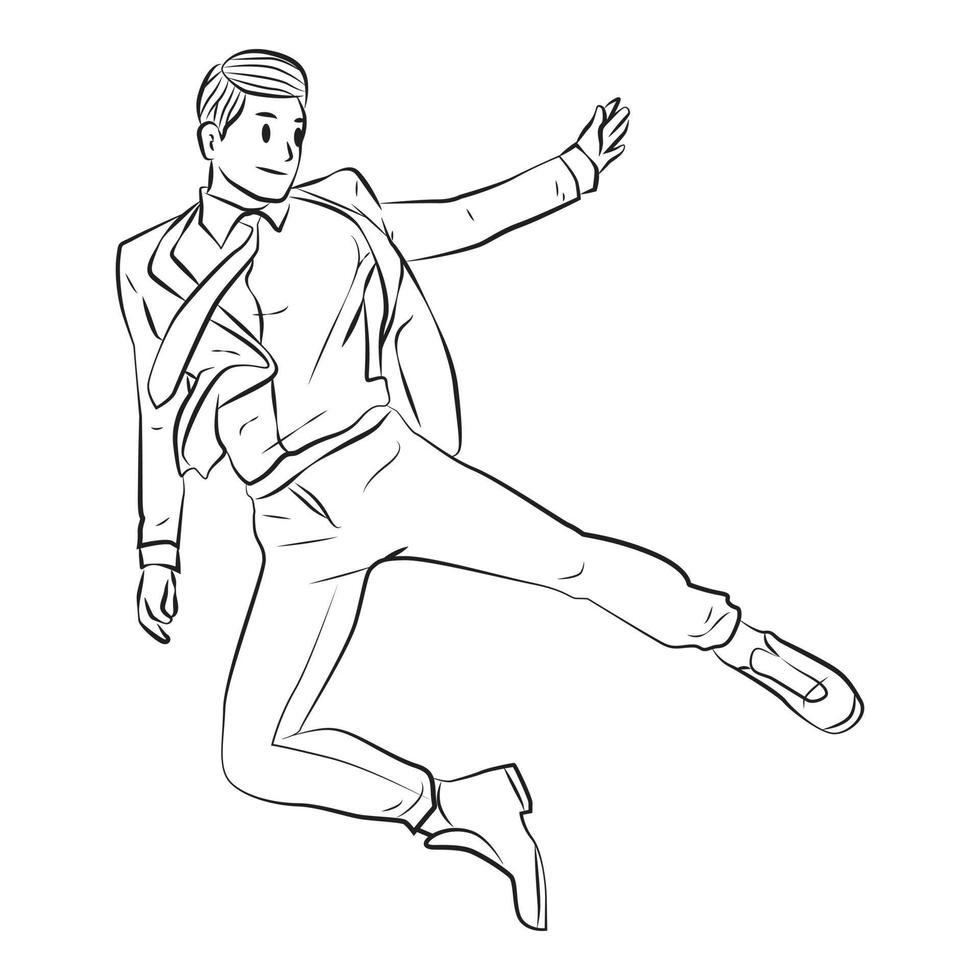 Man in suit jump pose line art vector illustration