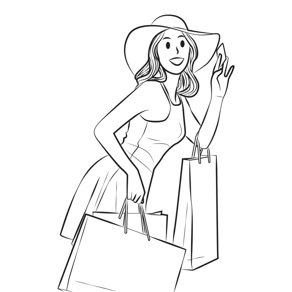 Beautiful young girl shopping Outline Vector Cartoon Illustration