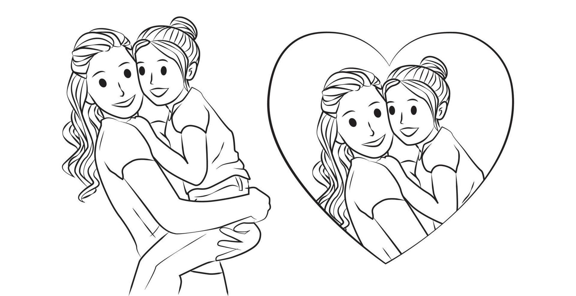 Mom and daugther parent love Outline Vector Cartoon Illustration