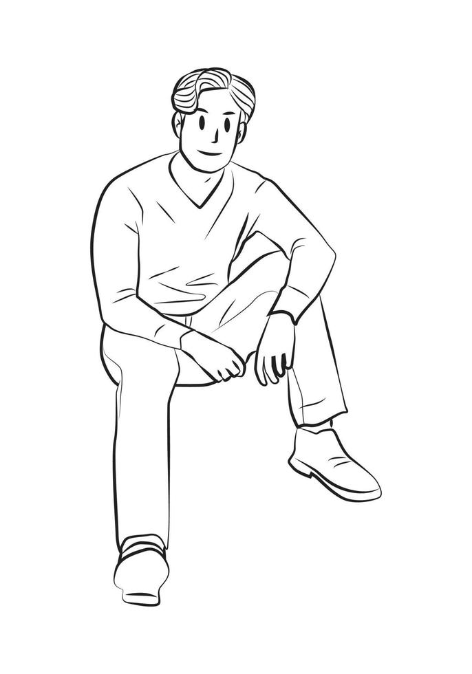 Cool man sitting pose Outline Vector Cartoon Illustration