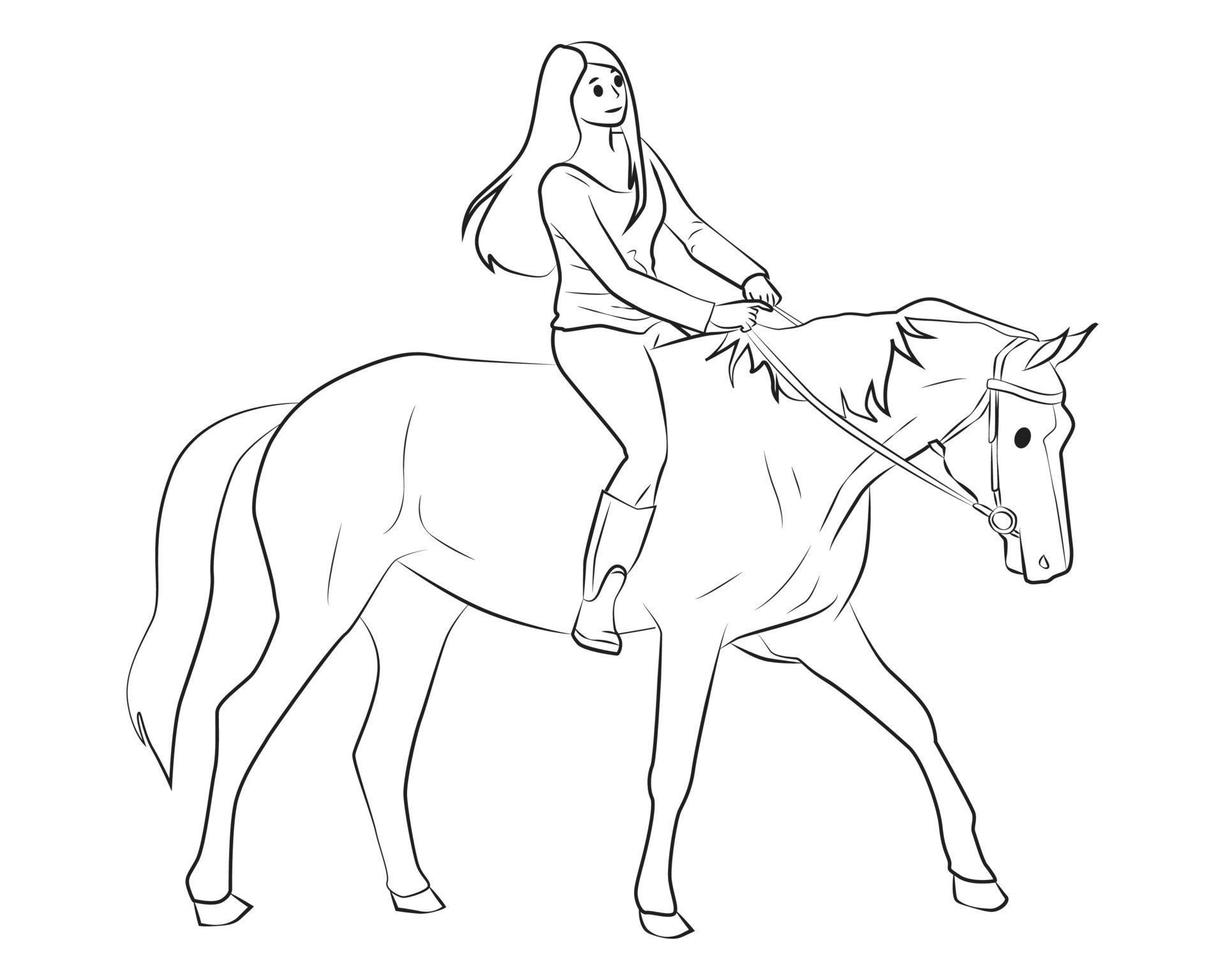 Girl horseback riding Outline Vector Cartoon Illustration