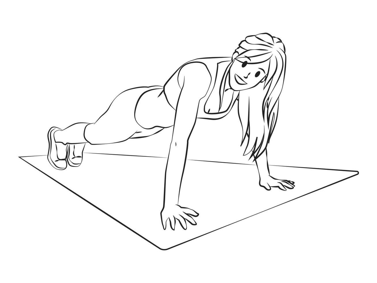 Strong woman push up pose Outline Vector Cartoon Illustration