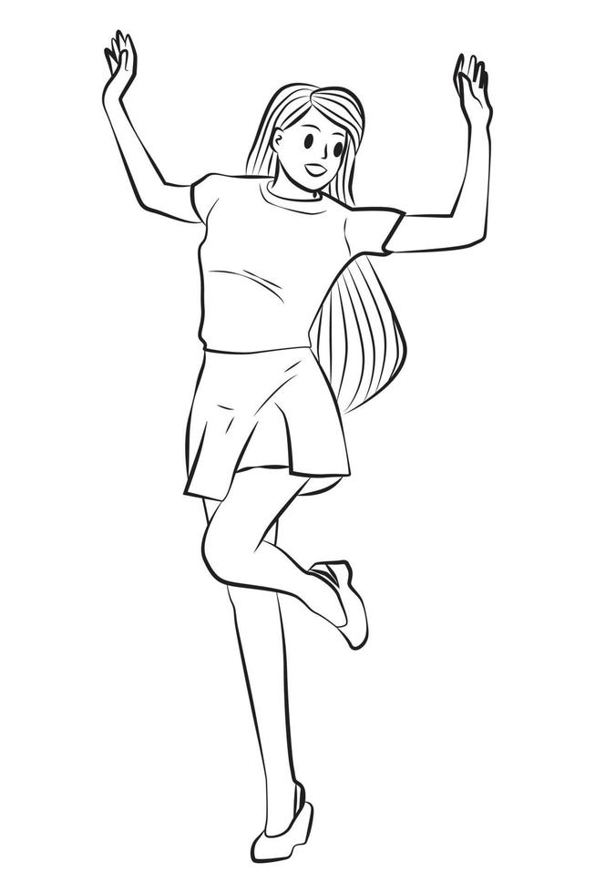 Young girl dance happy pose Outline Vector Cartoon Illustration