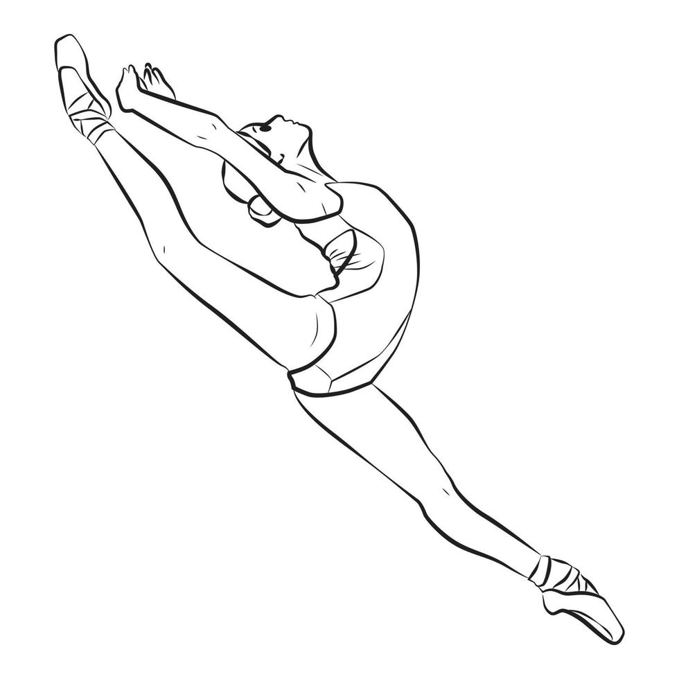 ilustración de dibujos animados de vector de contorno de gesto de rendimiento de salto de altura de bailarina de niña pequeña joven