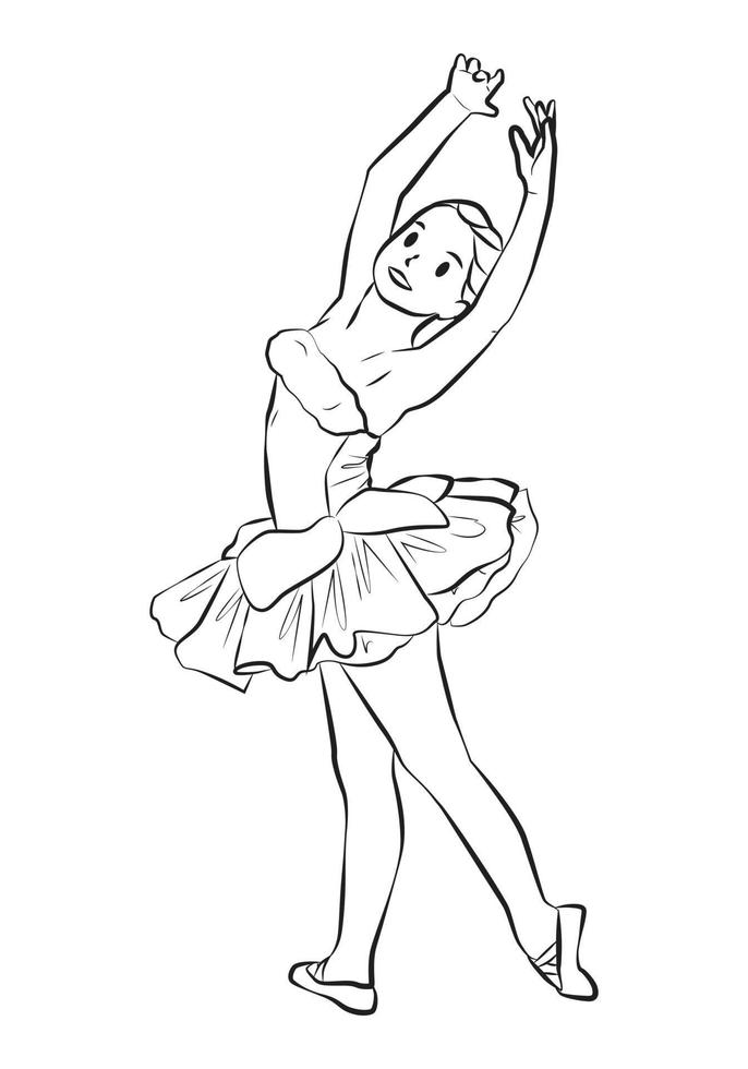 ilustración de dibujos animados de vector de contorno de gesto de rendimiento de bailarina de niña pequeña joven