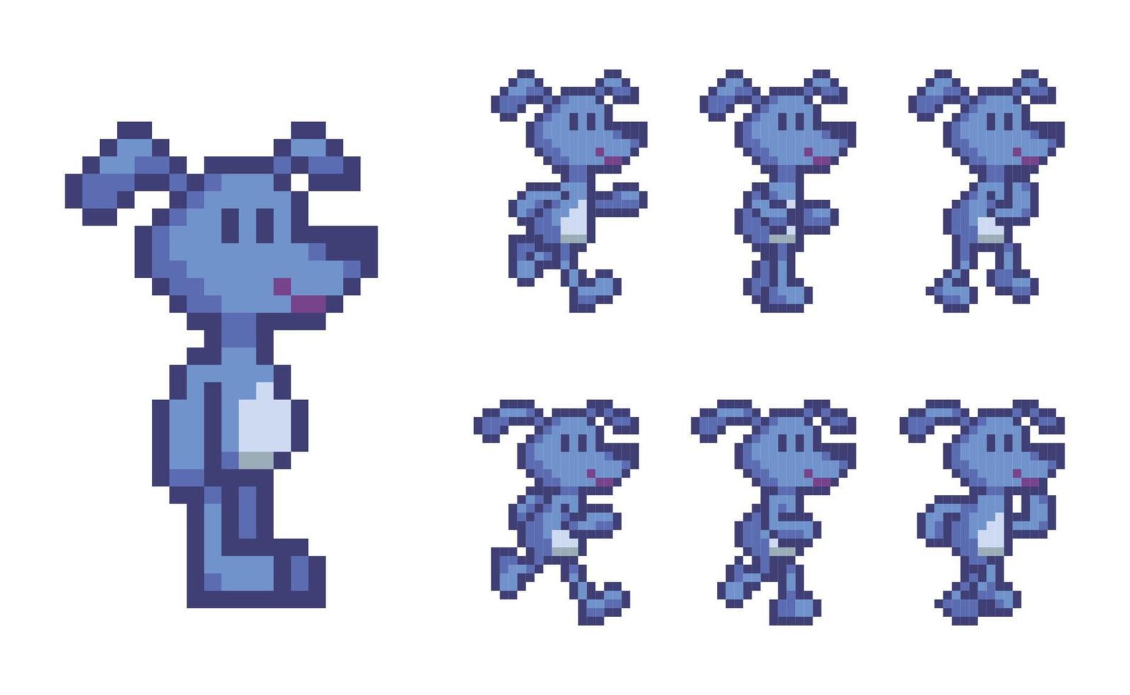 Pixel art 8 bit character blue puppy run animation vector