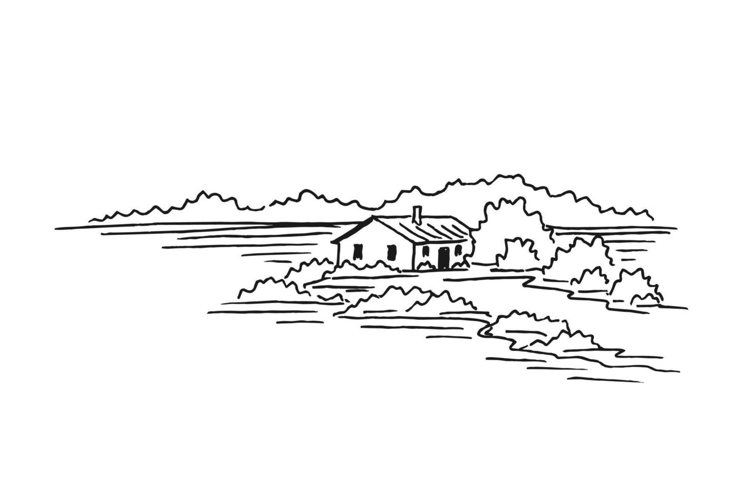 Landscape with country house. Hand drawn illustration converted to vector. vector