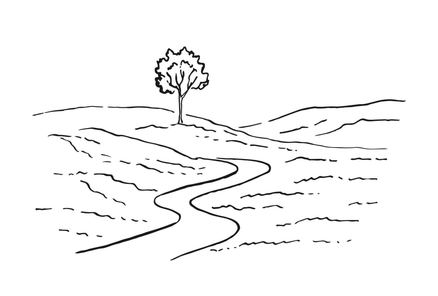 paisaje rural con camino y árbol. ilustración dibujada a mano convertida en vector. vector