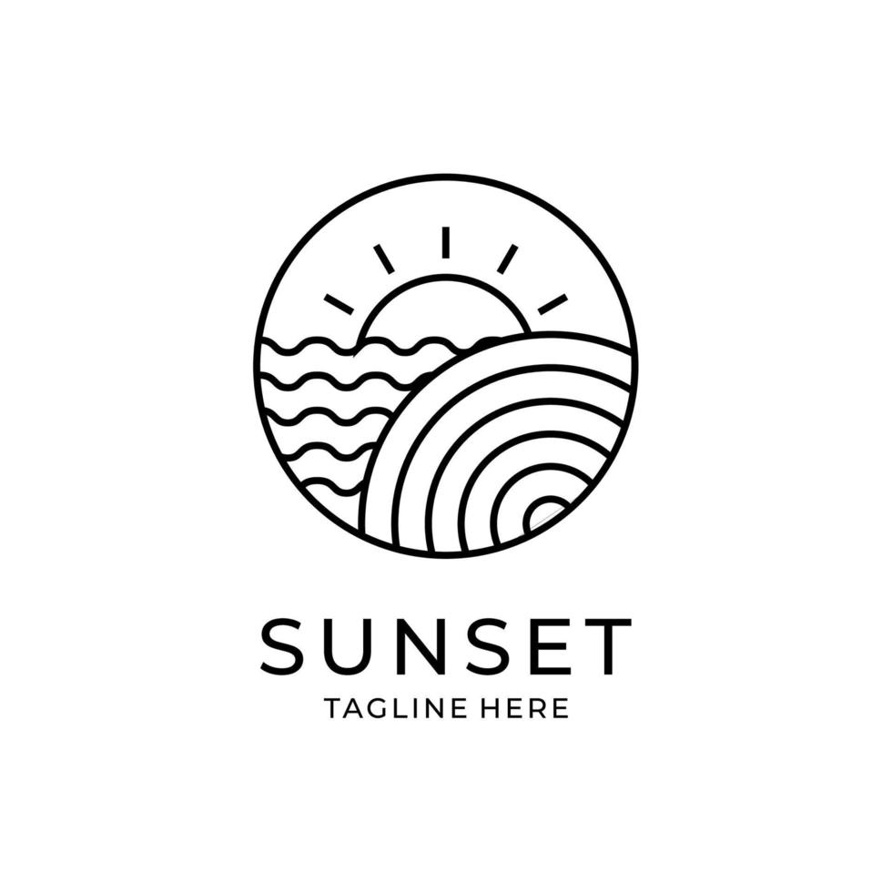 plantilla de diseño de ilustración de símbolo de vector de logotipo de onda de puesta de sol en blanco y negro