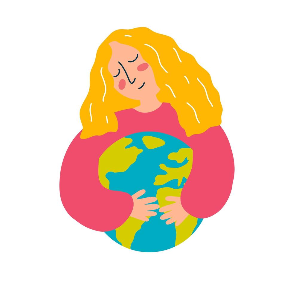ilustración vectorial de una joven que abraza el globo terráqueo al estilo plano de dibujos animados. el concepto de proteger el planeta, salvar la ecología y el medio ambiente vector