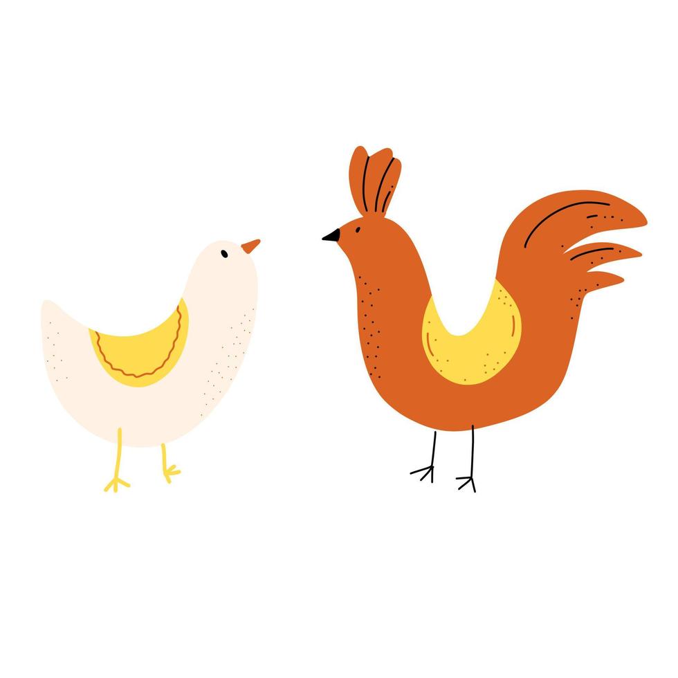 Vector illustration of chicken, hen, rooster in cartoon doodle style.