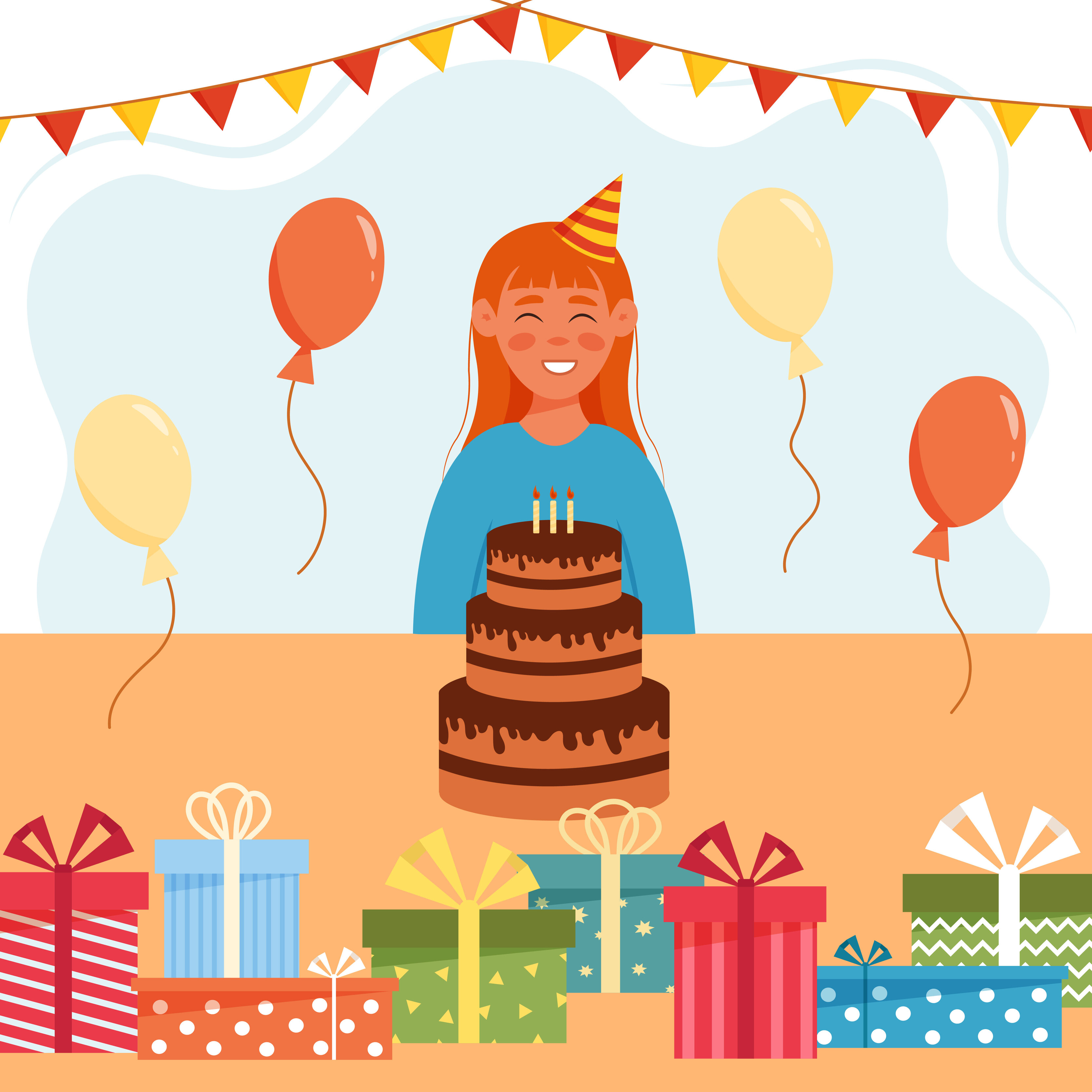 Happy smiling girl with party flags, air balloons, gift boxes and big birthday cake. Vector young woman in cartoon style celebrate name day 6943538 Vector Art at Vecteezy Happy smiling girl with party flags, air balloons, gift boxes and big birthday cake. Vector young woman in cartoon style celebrate name day 6943538 Vector Art at Vecteezy