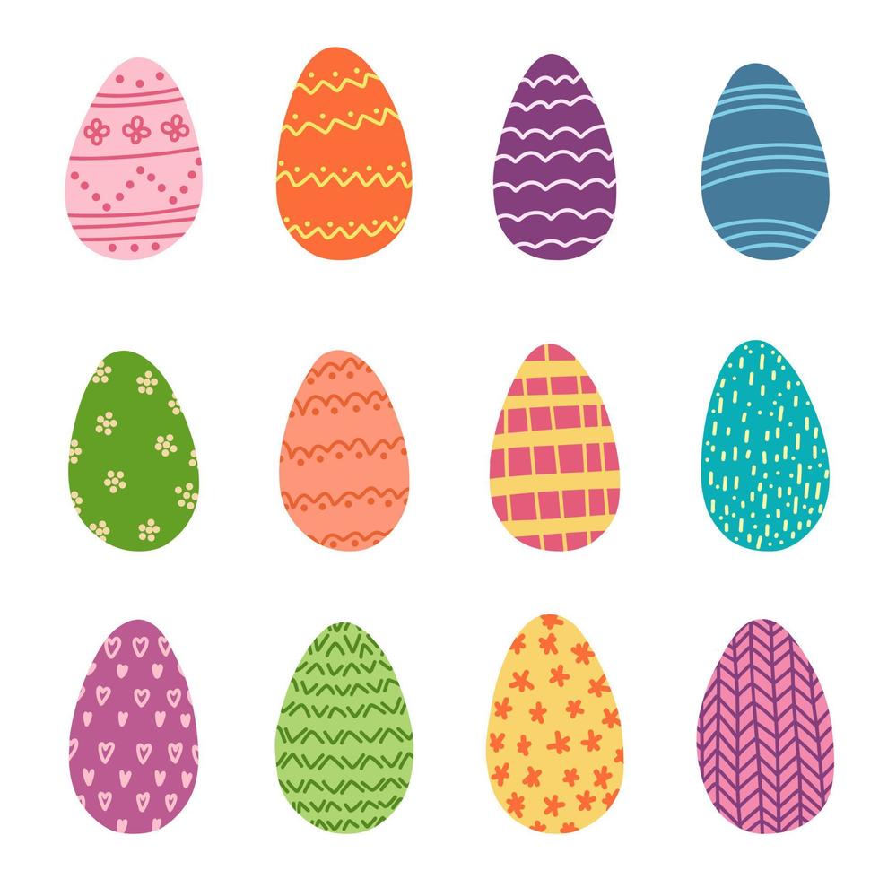 Colorful Easter eggs with funny ornament in cartoon flat style. Spring holiday set for decoration. vector