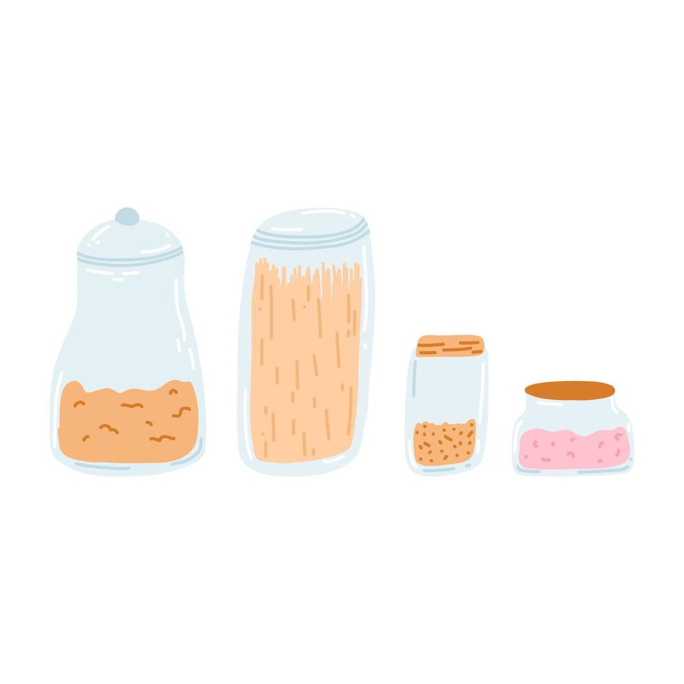 Set of glass jars with cereals in cartoon flat style. Reusable eco ware for storage of cereals, pasta, jams, legumes. Zero waste concept. Doodle vector illustration.