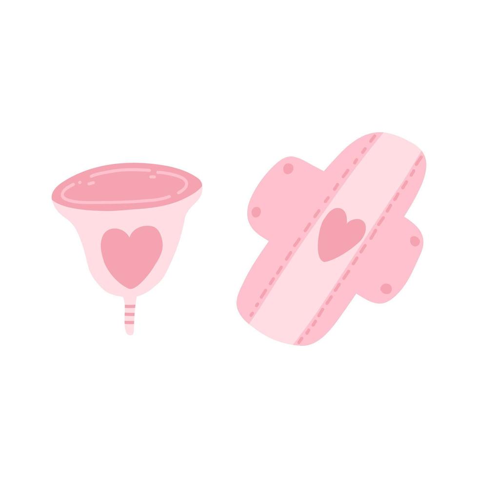 Menstrual period use cup and reusable sanitary pads in cartoon flat style. Vector illustration of zero waste hygiene device for feminine menstruation period on white background.