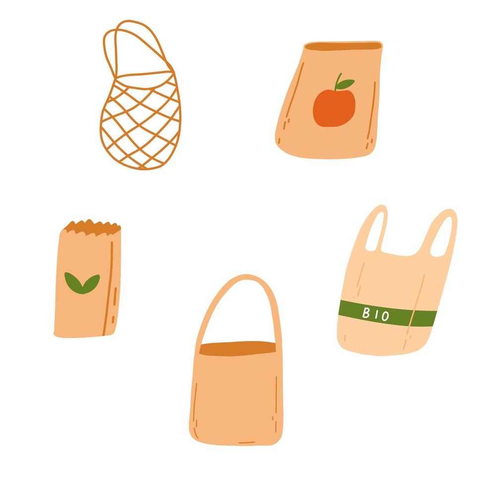 conjunto de diferentes bolsas ecológicas en estilo plano de dibujos animados. ilustración vectorial de cero residuos de papel, red, algodón, bolsa biodegradable sobre un fondo blanco. vector