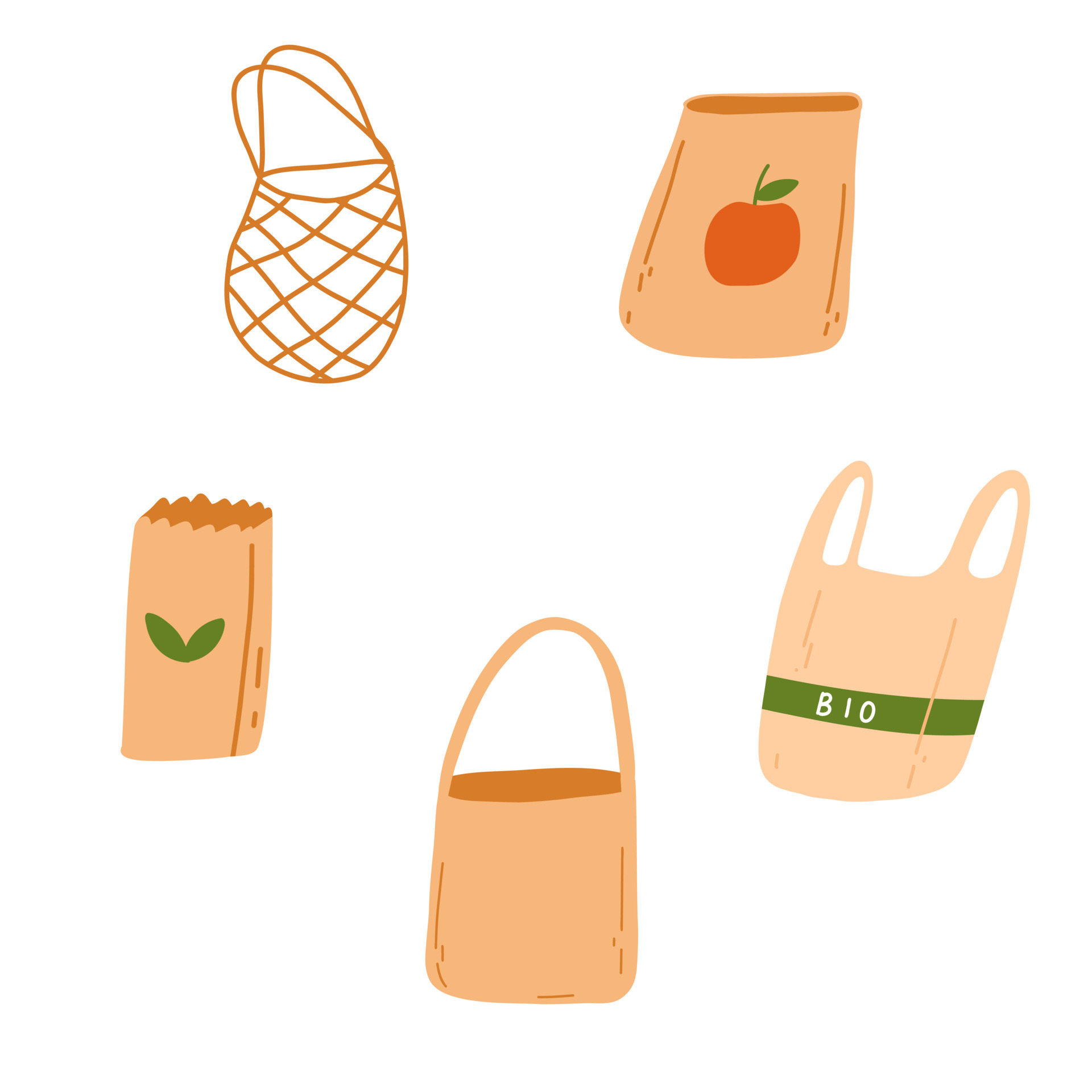 Set of different eco bags in cartoon flat style. Vector illustration of  zero waste paper, net, cotton, biodegradable bag on a white background.  6943564 Vector Art at Vecteezy