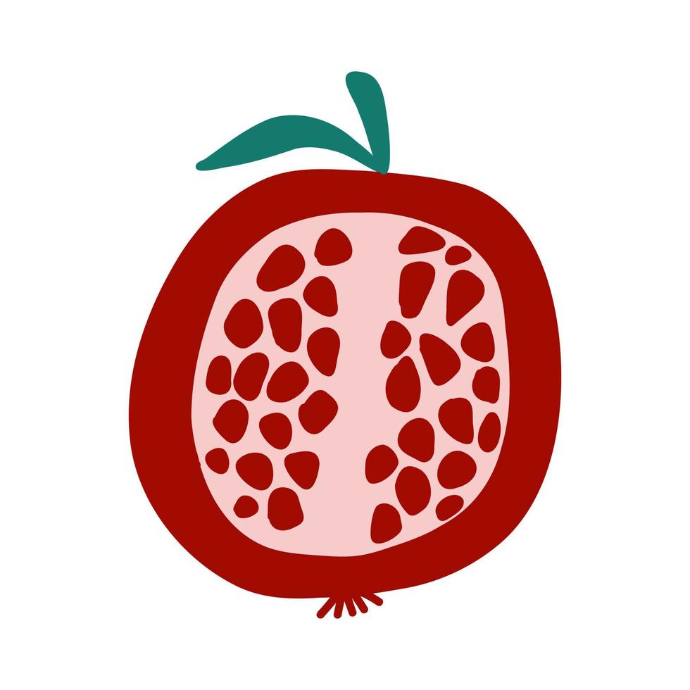 granada medio cortada con hojas verdes y semillas rojas en estilo plano de dibujos animados sobre fondo blanco. ilustración vectorial de fruta fresca colorida vector