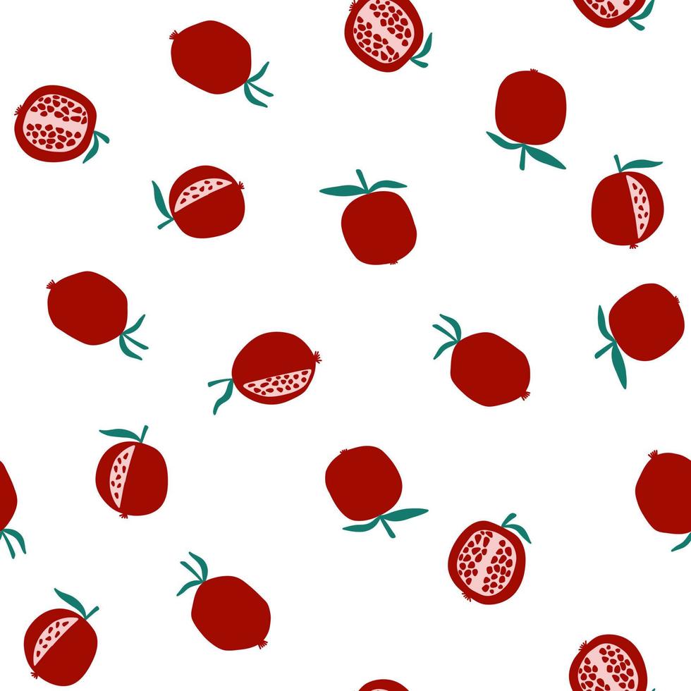 Vector seamless pattern with pomegranate fruits in cartoon flat style on white background. Fresh colorful fruit wallpaper for textile design, wrapping paper