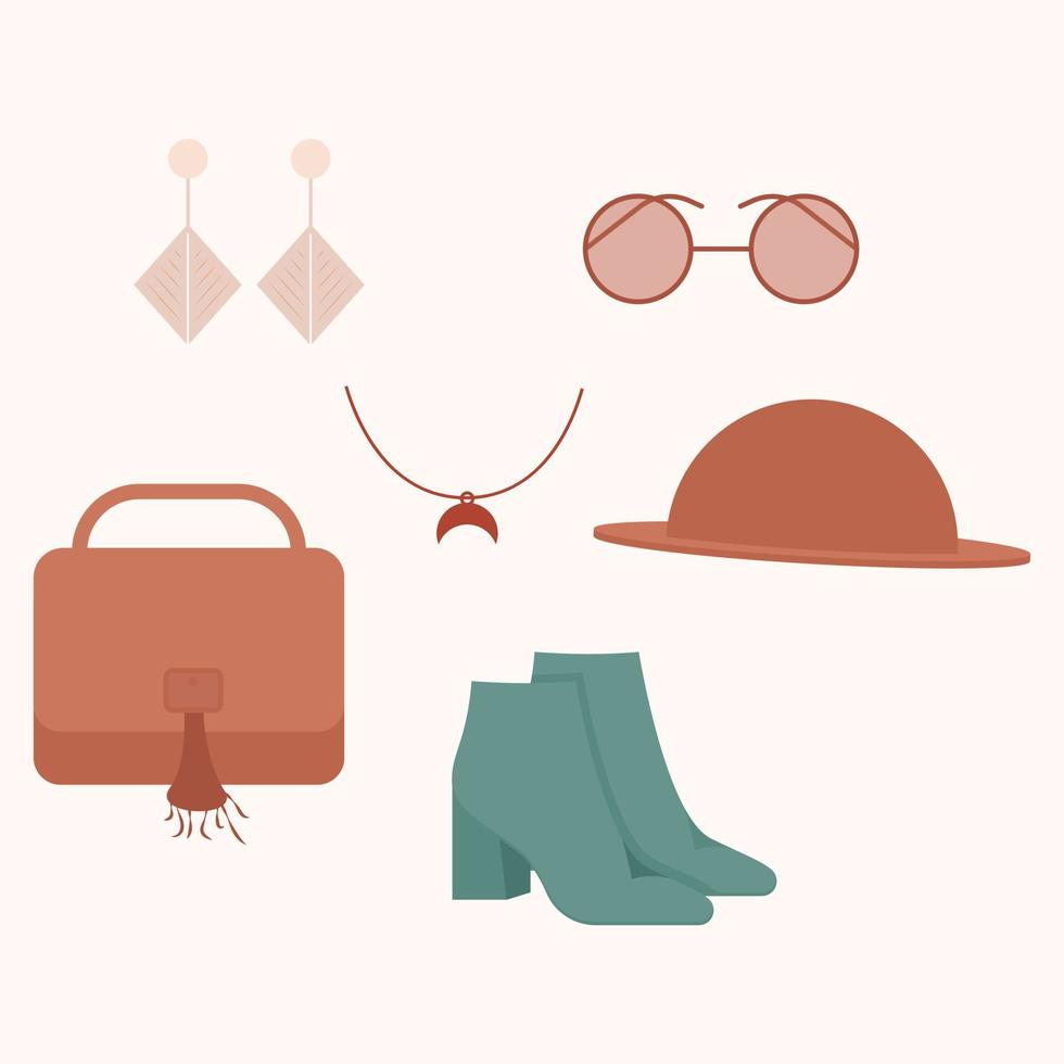 Boho accessories set. Boho style fashion outfit. Fashionable clothes. vector