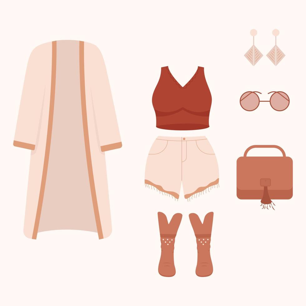 conjunto de ropa boho. traje de moda estilo boho. ropa de moda. vector