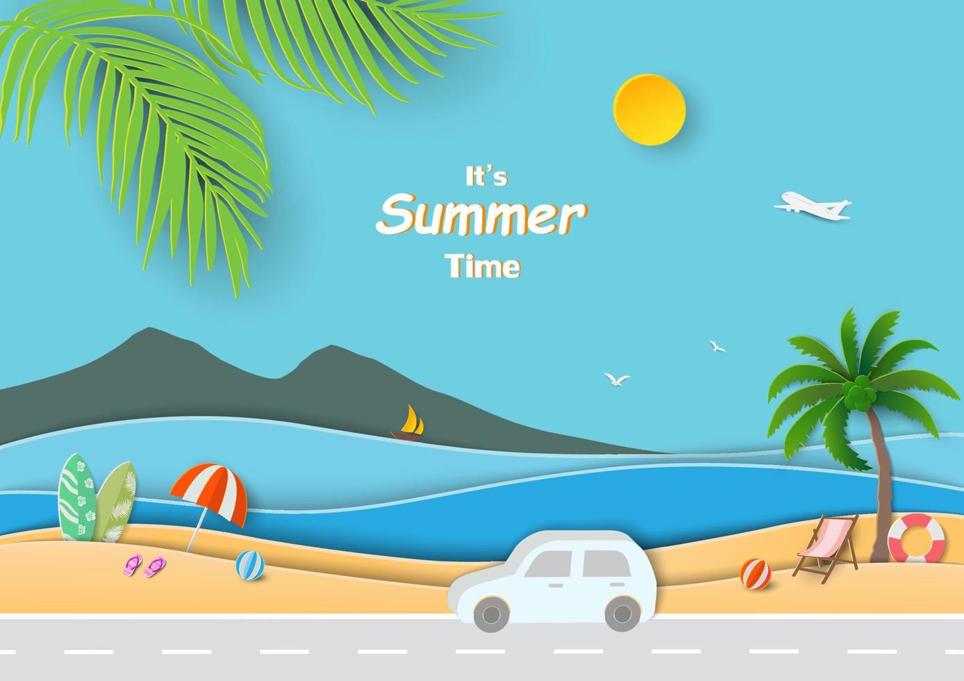 viaje de verano con coche en la carretera al lado de la playa tropical y vista del mar azul en estilo de corte de papel vector