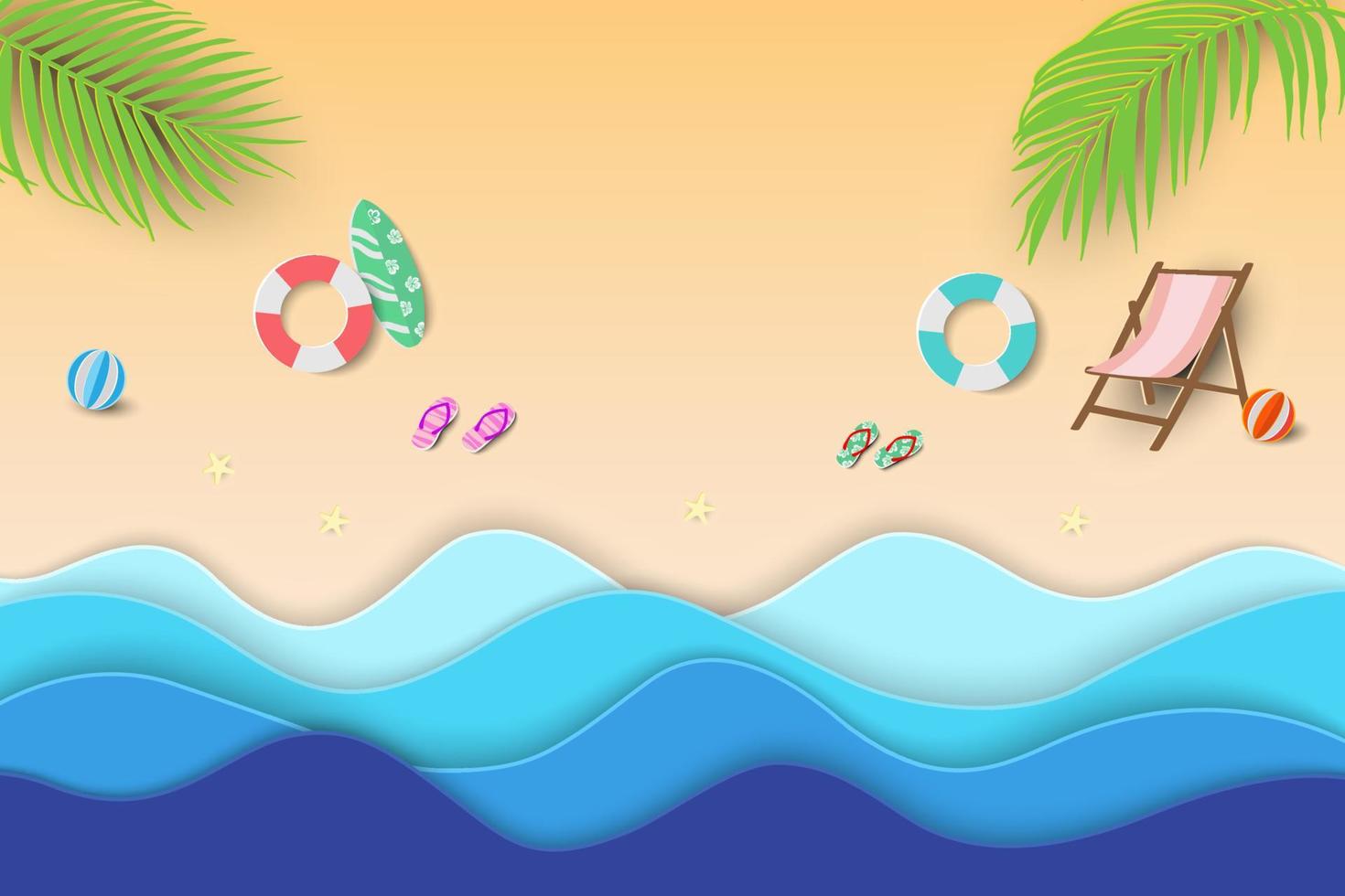 Paper craft tropical beach background,summertime relaxation with view of blue sea and equipment on sand beach vector