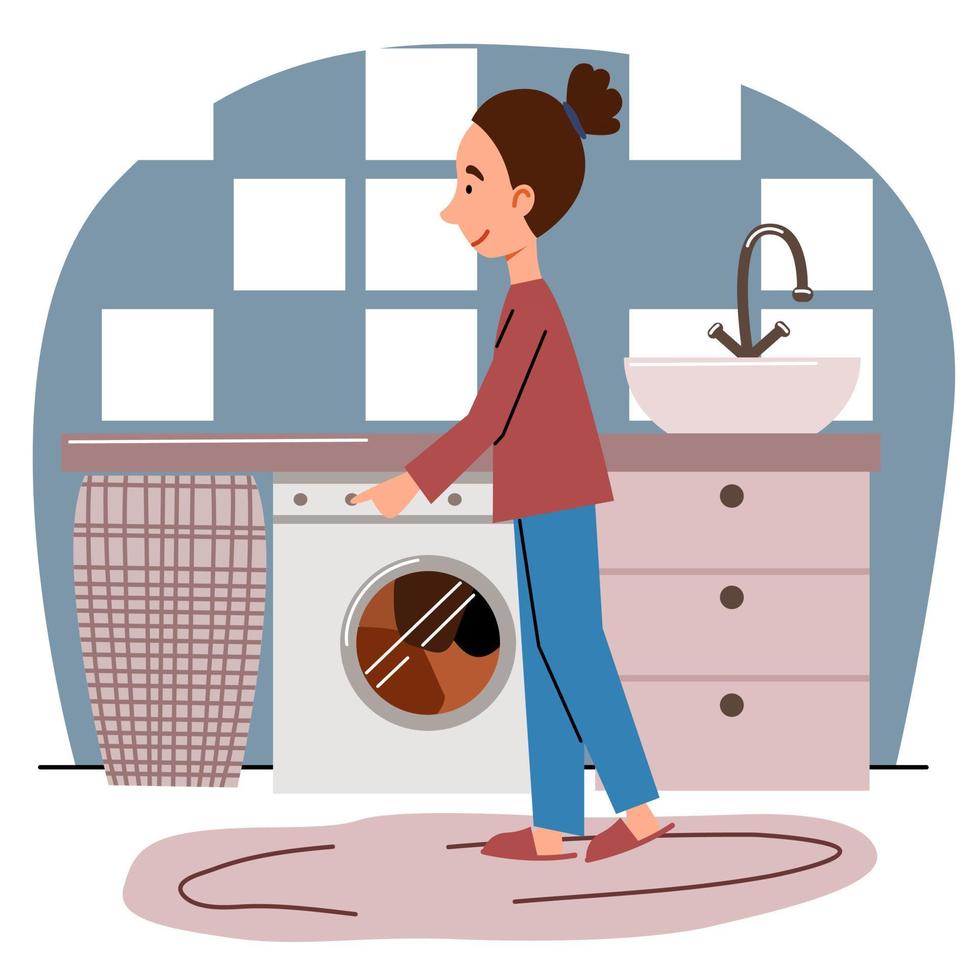 A beautiful young woman does laundry, turns on the washing machine. Vector illustration in a flat style