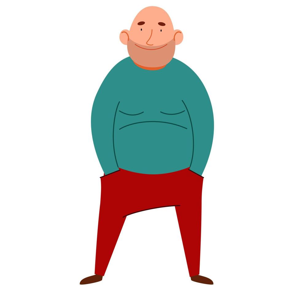 a fat bald man with his hands in his pockets. Vector illustration in a flat cartoon style.