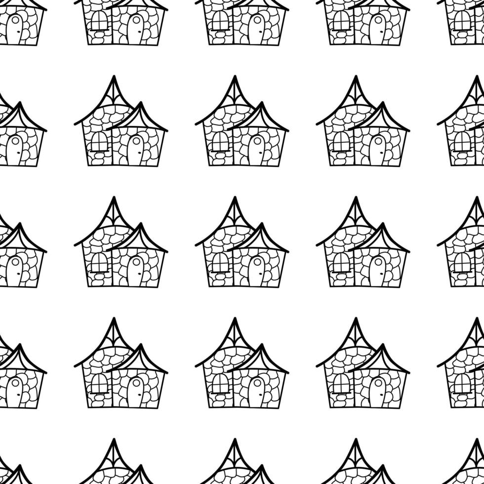 Seamless vector pattern of contour houses in doodle style on a white background. The illustration is used for a magazine, book, poster, postcard, web pages.