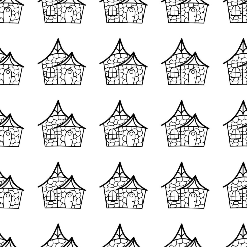 Seamless vector pattern of contour houses in doodle style on a white background. The illustration is used for a magazine, book, poster, postcard, web pages.