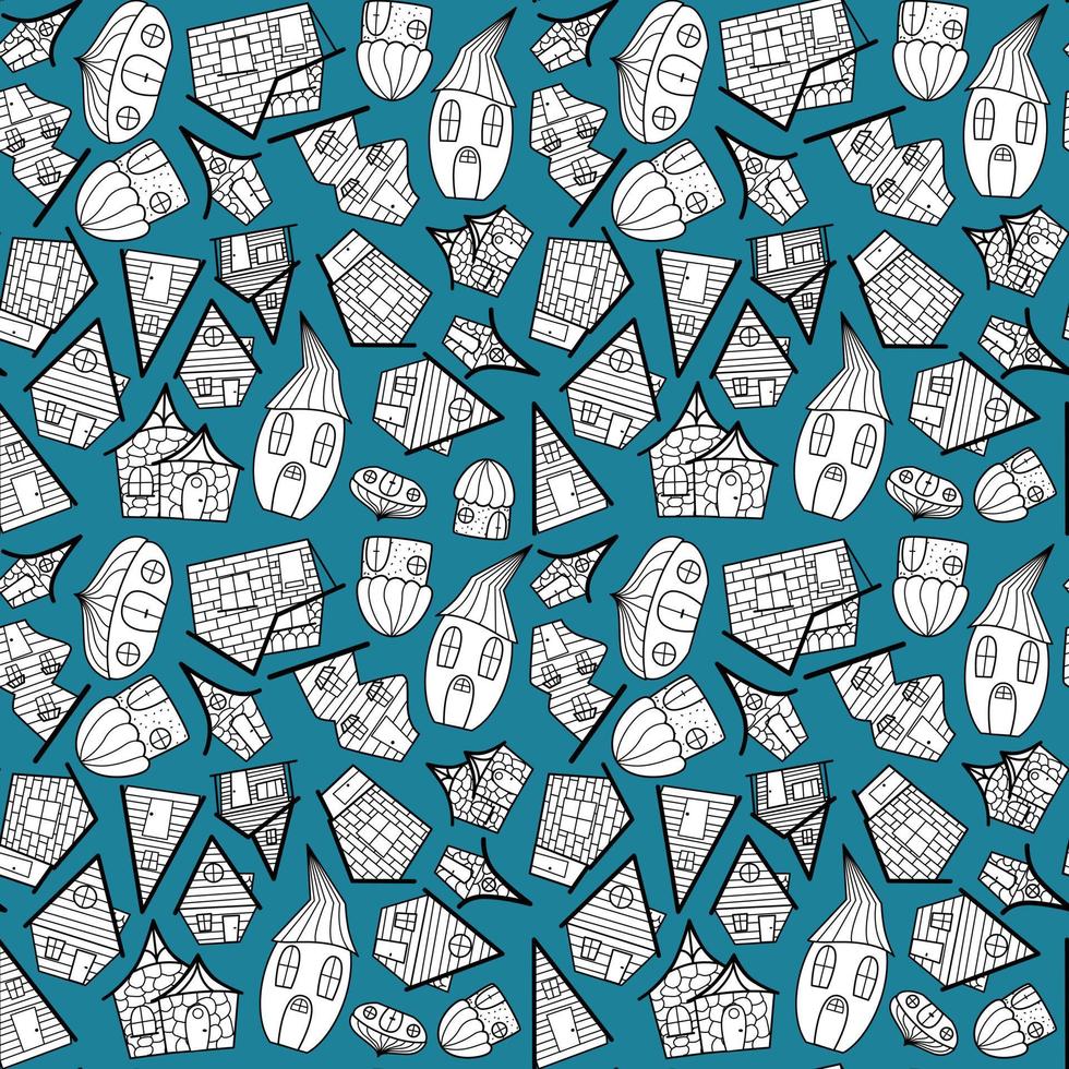 Seamless vector pattern of black and white small houses in the style of a doodle on a green background. The illustration is used for a magazine, book, poster, postcard, web pages.