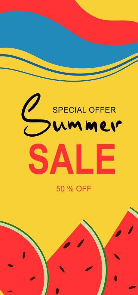 Vector vertical illustration of a summer sale banner for your store, website, and social networks. Layout with watermelons in yellow tones.