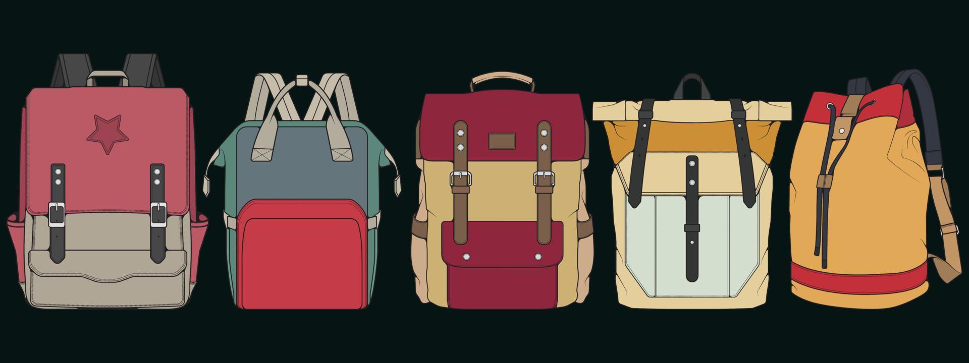 conjunto de mochilas de colores vectoriales. mochilas para escolares, estudiantes, viajeros y turistas. ilustraciones de vectores planos de mochila de regreso a la escuela aisladas en blanco.