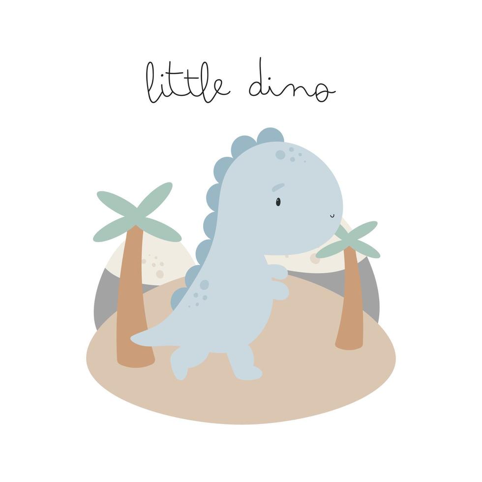 pequeño dinosaurio lindo. estilo de dibujos animados ilustración vectorial para cosas de niños, tarjetas, carteles, pancartas, libros para niños, impresión en el paquete, impresión en ropa, tela, papel pintado, textil o platos. vector