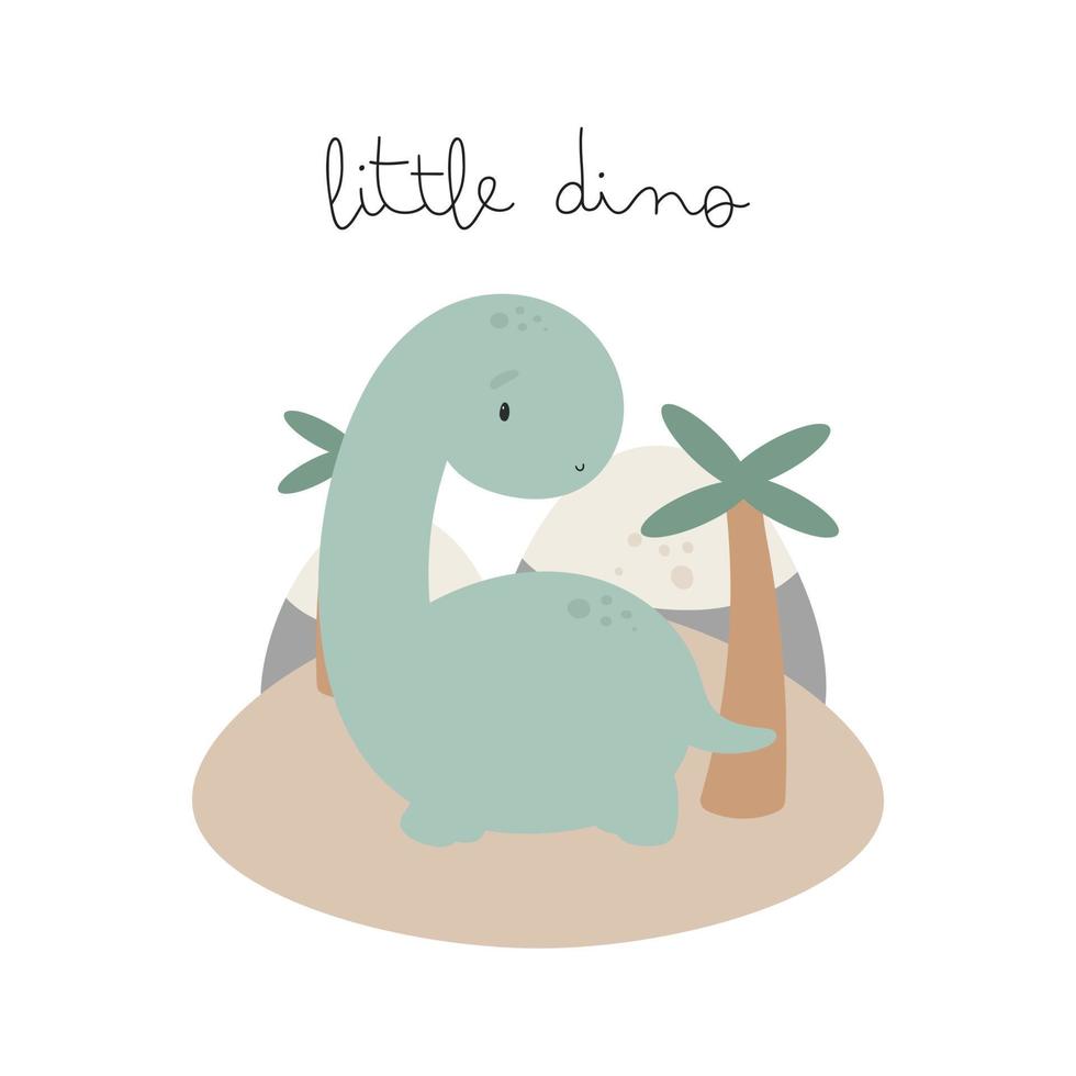 pequeño dinosaurio lindo. estilo de dibujos animados ilustración vectorial para cosas de niños, tarjetas, carteles, pancartas, libros para niños, impresión en el paquete, impresión en ropa, tela, papel pintado, textil o platos. vector