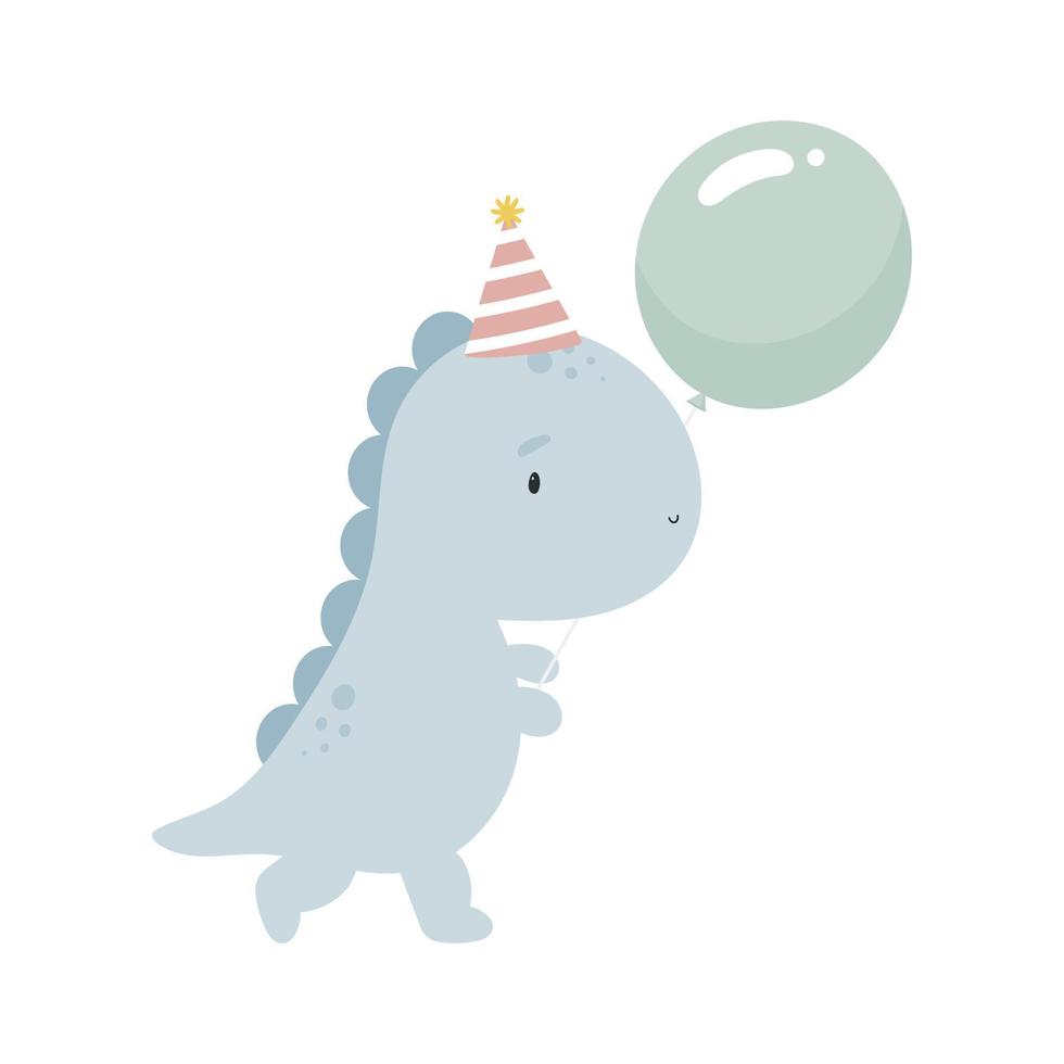 Dinosaur with a balloon. Cartoon style. Vector illustration. For kids stuff, card, posters, banners, children books, printing on the pack, printing on clothes, fabric, wallpaper, textile or dishes.