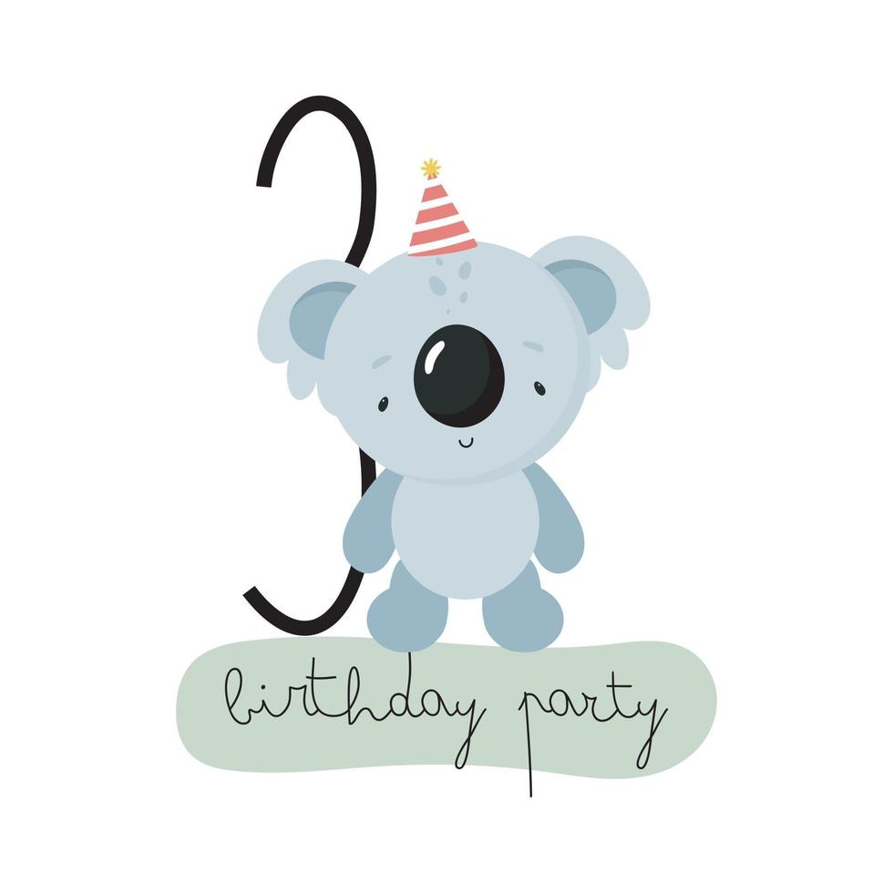 fiesta de cumpleaños, tarjeta de felicitación, invitación de fiesta. ilustración infantil con lindo koala y el número tres. ilustración vectorial en estilo de dibujos animados. vector